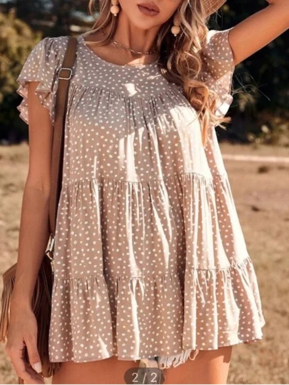 SHEIN Beige Polka Dot Flutter Top Tiered Blouse